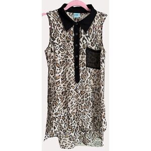 HIP Sheer Chiffon Animal Leopard Print Gold Button Front Blouse Sleeveless S